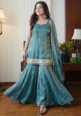 Blue Embroidery Silk Salwar Kameez