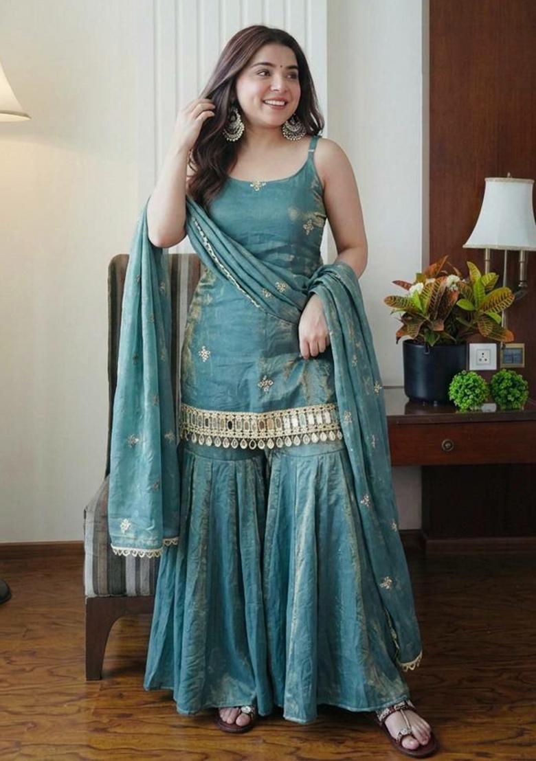 Blue Embroidery Silk Salwar Kameez - Indya