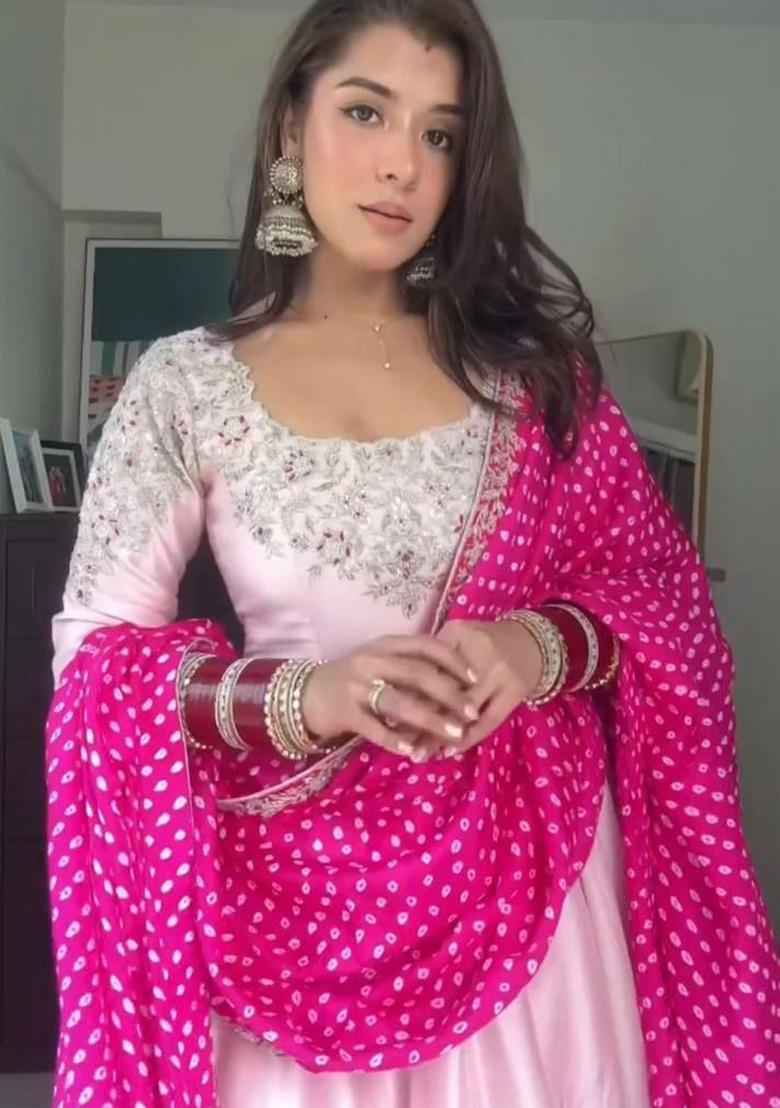 Pink Embroidery Silk Salwar Kameez - Indya