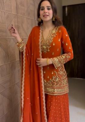 Orange Embroidery Georgette Salwar Kameez
