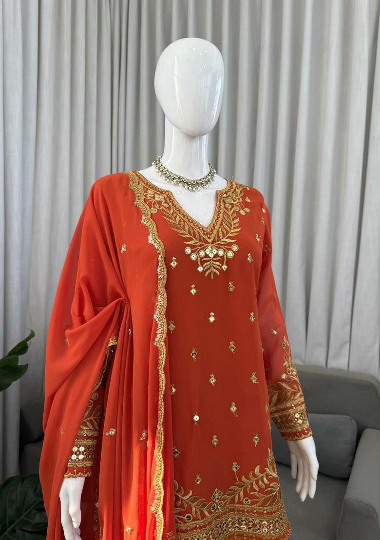 Orange Embroidery Georgette Salwar Kameez - Indya