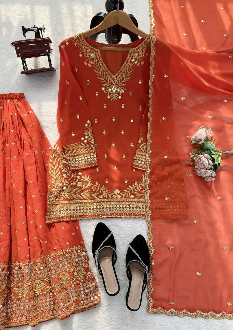 Orange Embroidery Georgette Salwar Kameez - Indya