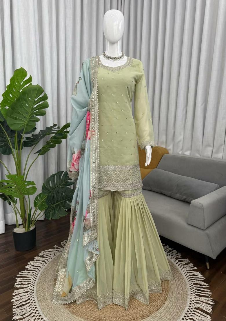 Green Embroidery Georgette Salwar Kameez - Indya