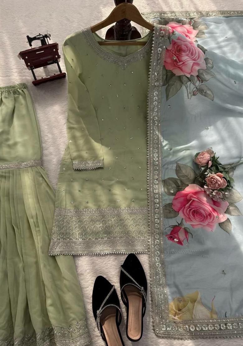 Green Embroidery Georgette Salwar Kameez - Indya