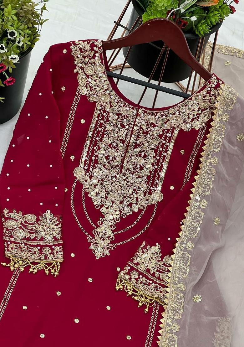 Red Embroidery Georgette Salwar Kameez - Indya