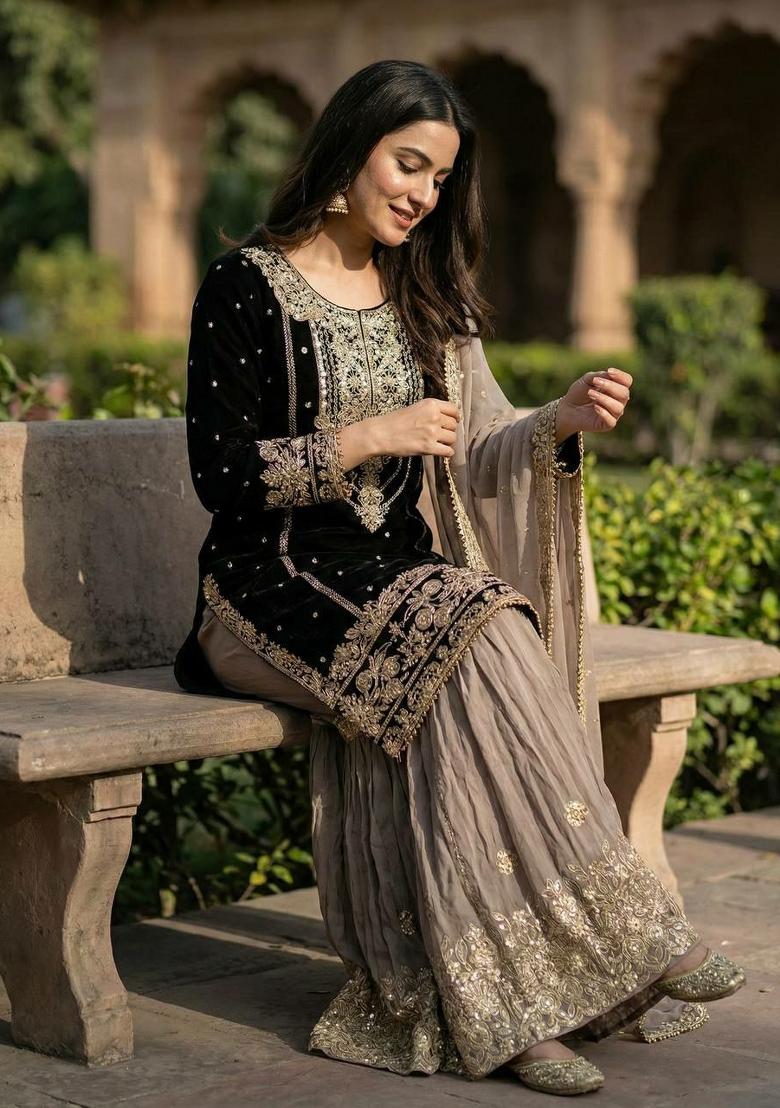 Black Embroidery Georgette Salwar Kameez - Indya