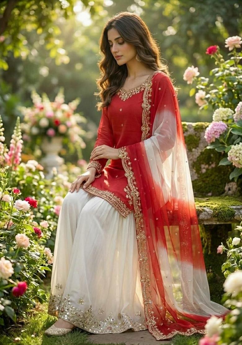 Red Embroidery Crepe Salwar Kameez - Indya