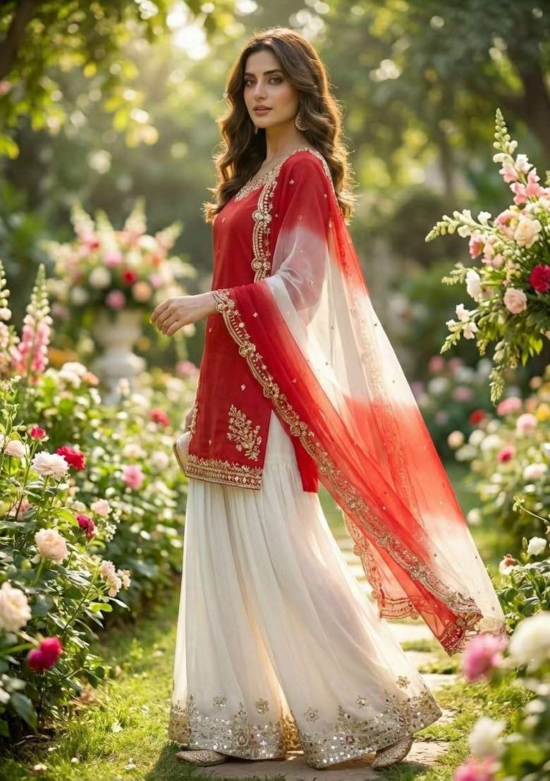 Red Embroidery Crepe Salwar Kameez - Indya