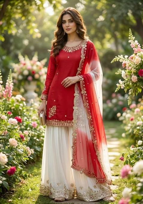 Red Embroidery Crepe Salwar Kameez — view on Indya