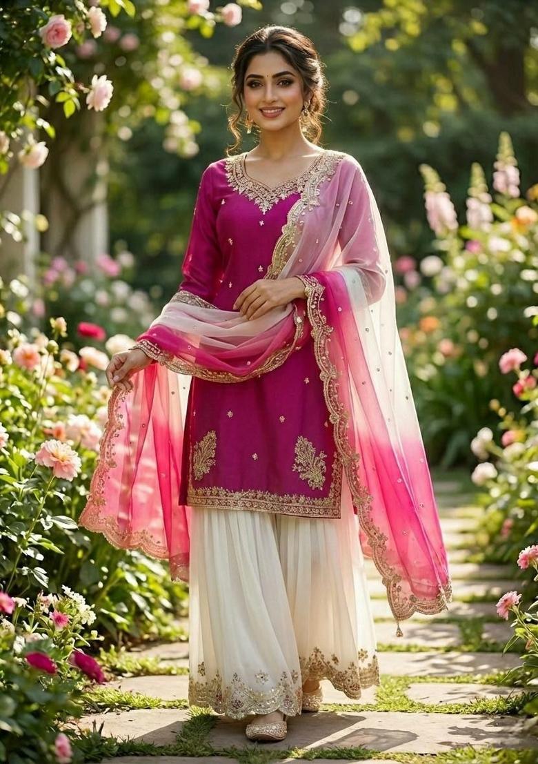 Pink Embroidery Crepe Salwar Kameez - Indya
