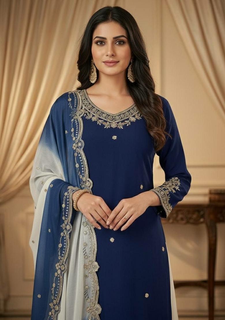 Blue Embroidery Crepe Salwar Kameez - Indya