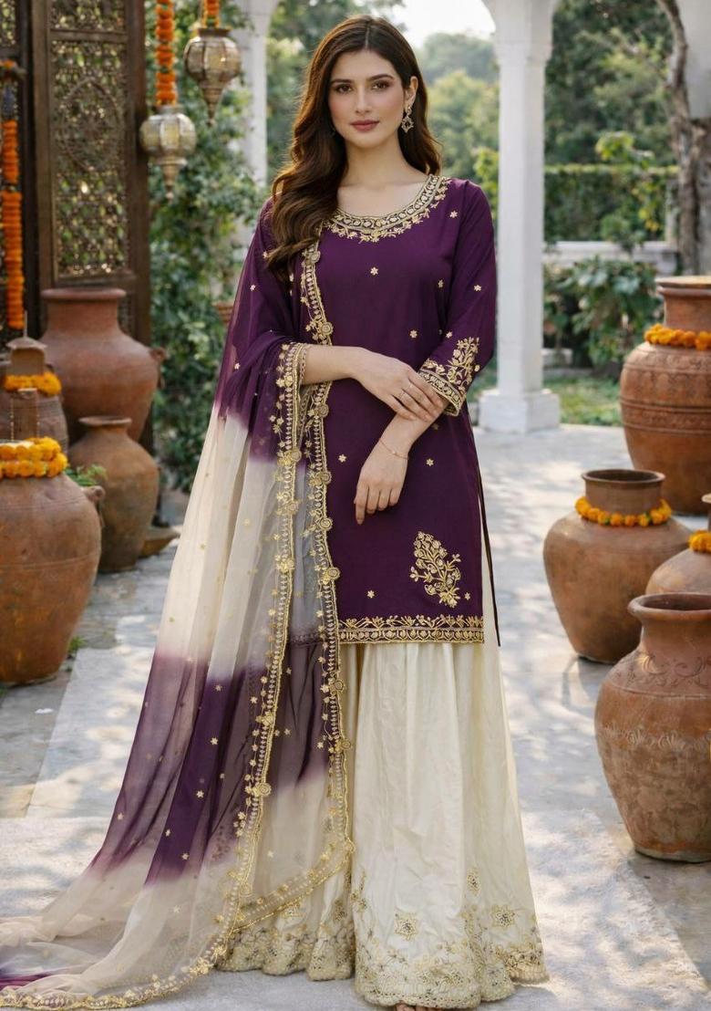 Purple Embroidery Crepe Salwar Kameez - Indya