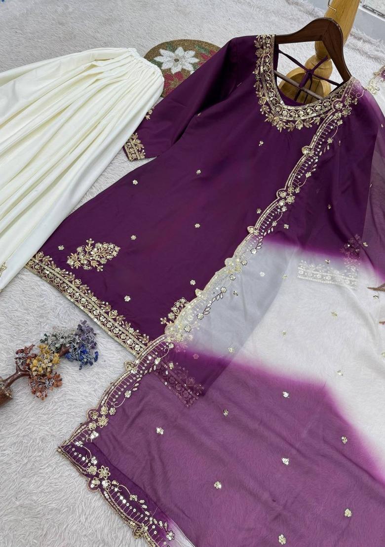 Purple Embroidery Crepe Salwar Kameez - Indya