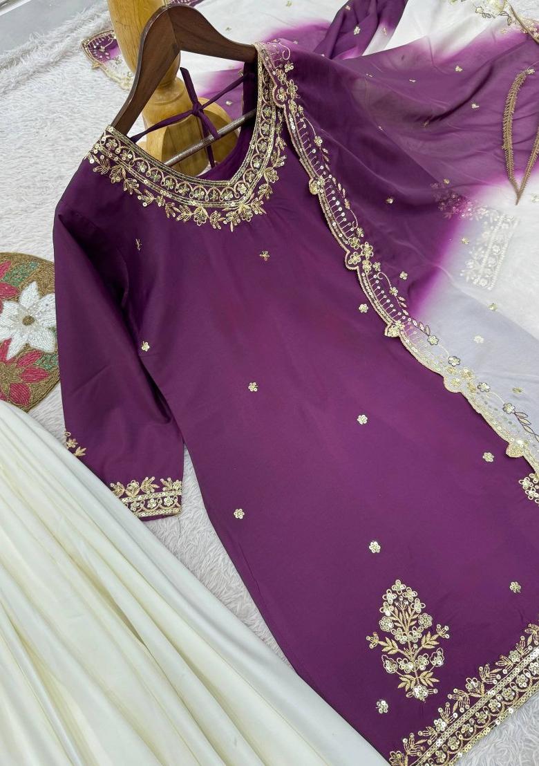 Purple Embroidery Crepe Salwar Kameez - Indya