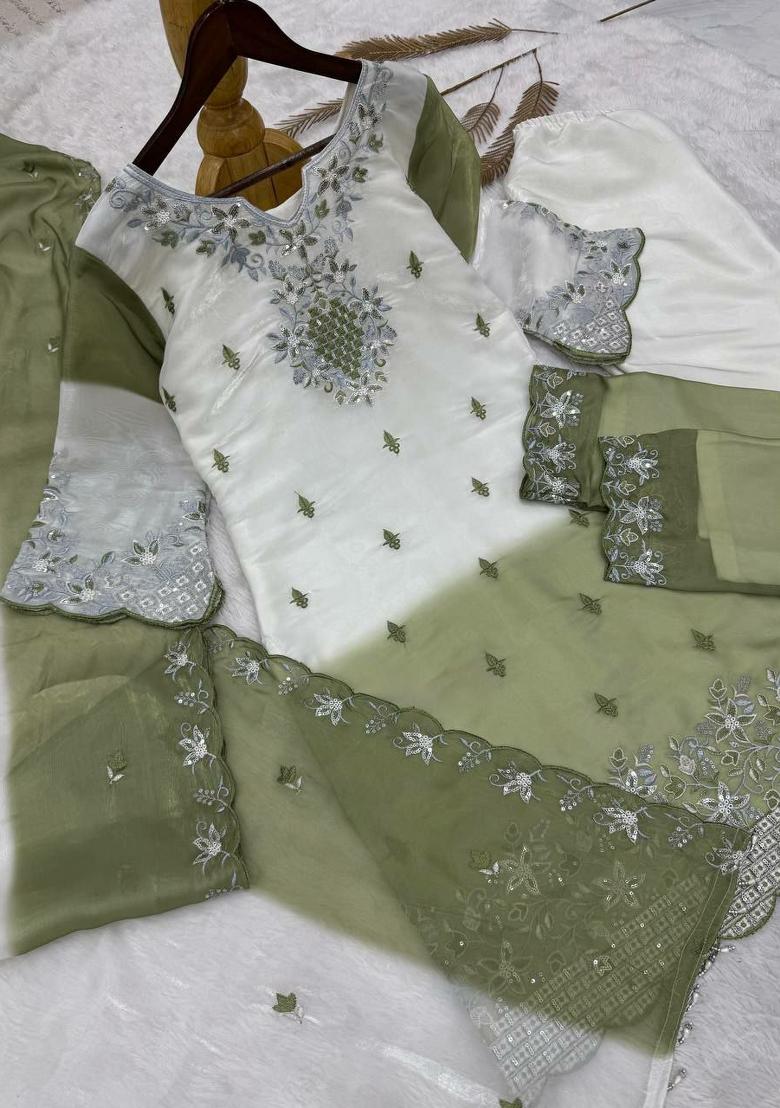 Green Embroidery Silk Salwar Kameez - Indya