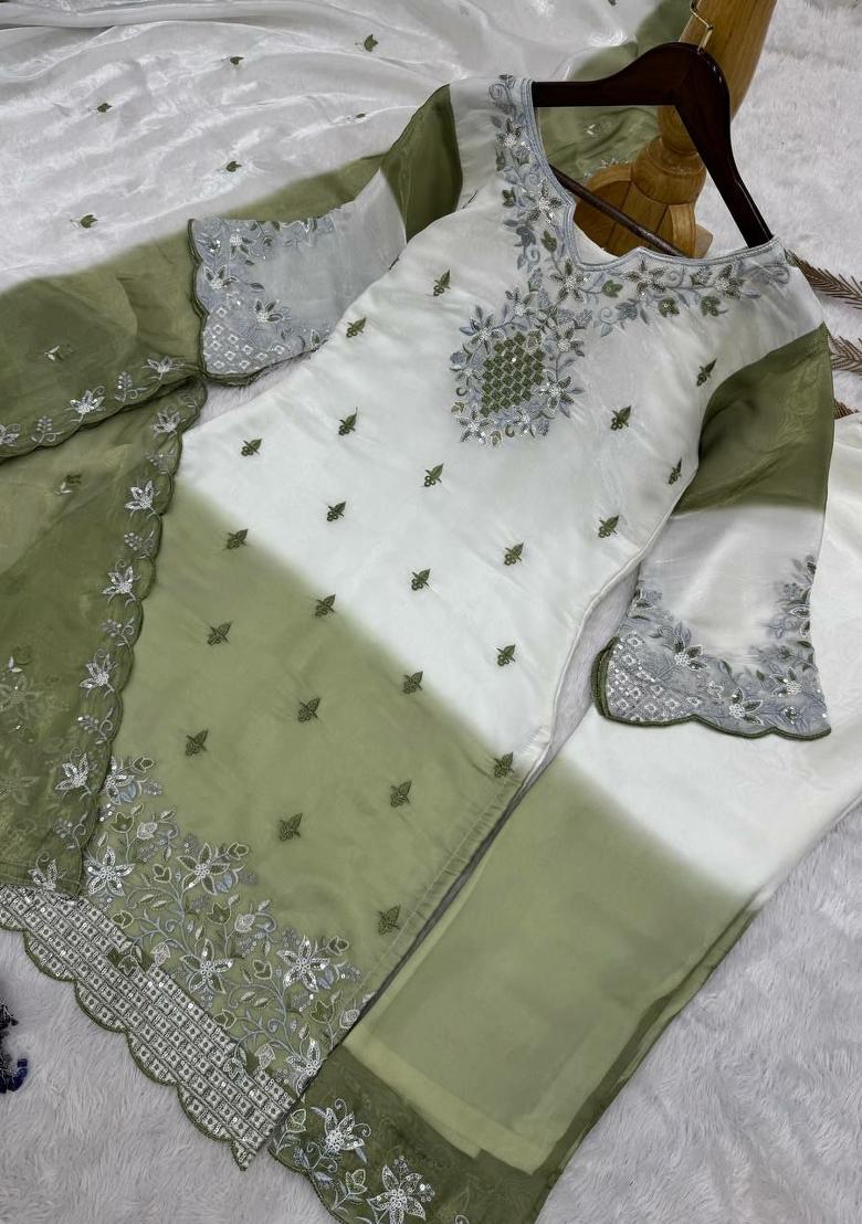 Green Embroidery Silk Salwar Kameez - Indya