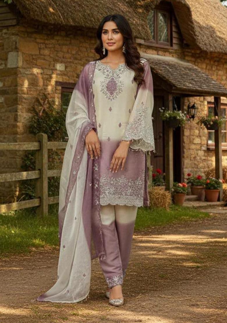 Purple Embroidery Silk Salwar Kameez - Indya