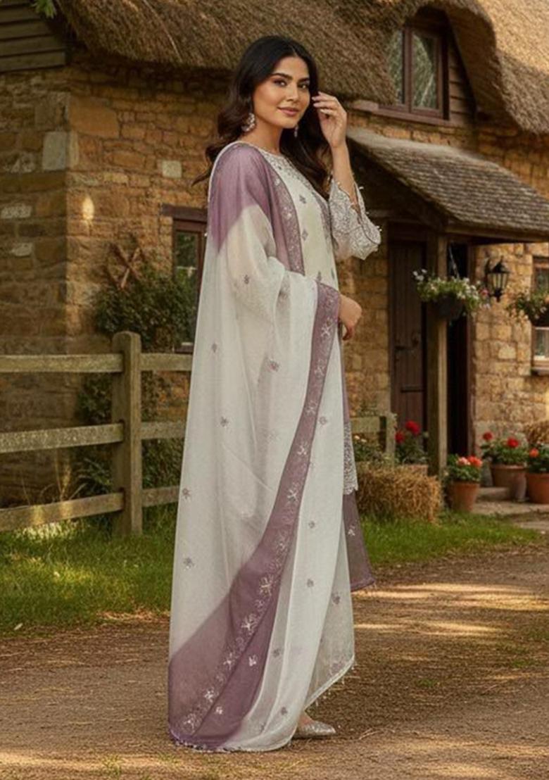 Purple Embroidery Silk Salwar Kameez - Indya