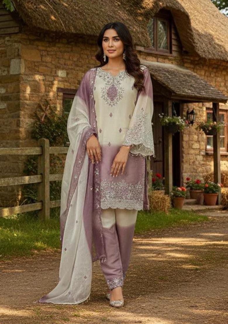 Purple Embroidery Silk Salwar Kameez - Indya