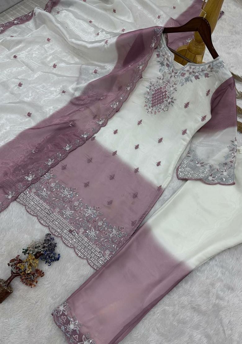 Purple Embroidery Silk Salwar Kameez - Indya