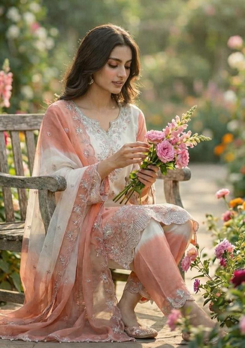 Peach Embroidery Silk Salwar Kameez - Indya