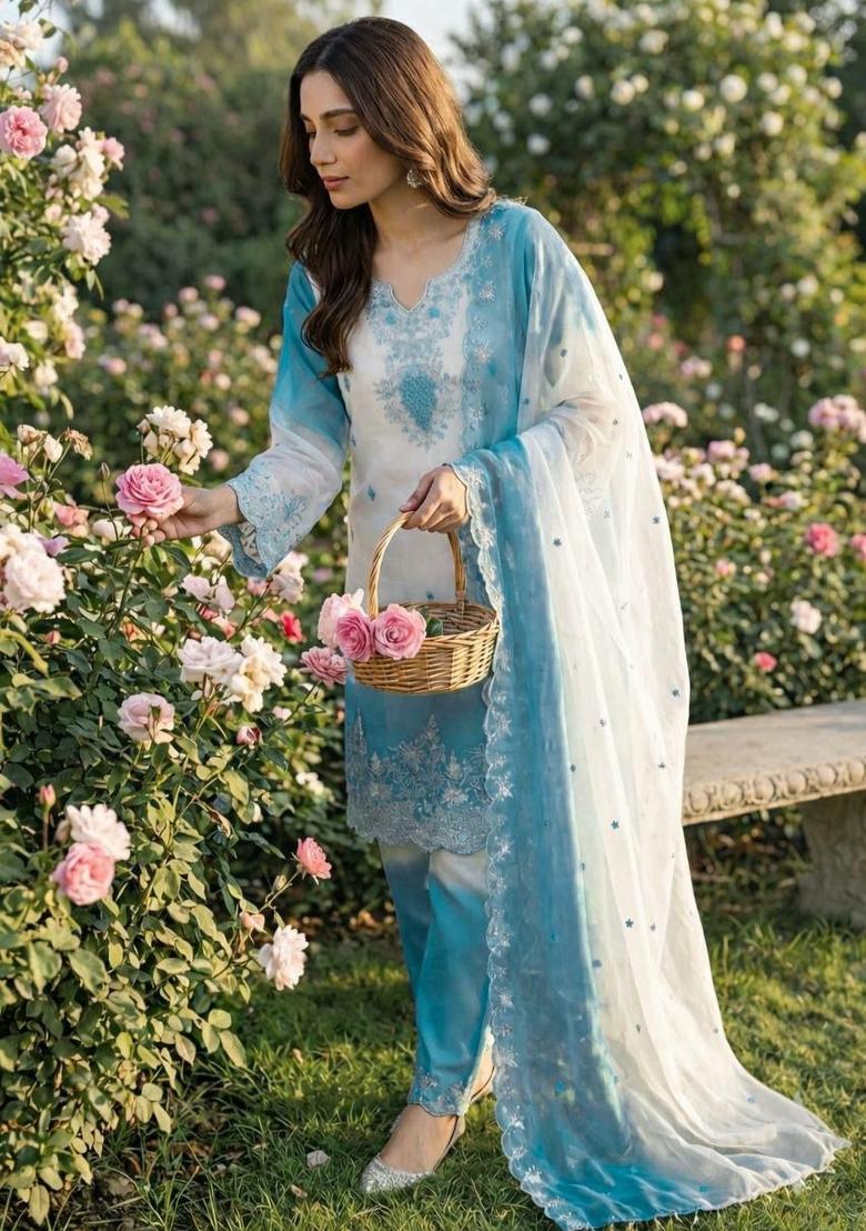 Blue Embroidery Silk Salwar Kameez - Indya