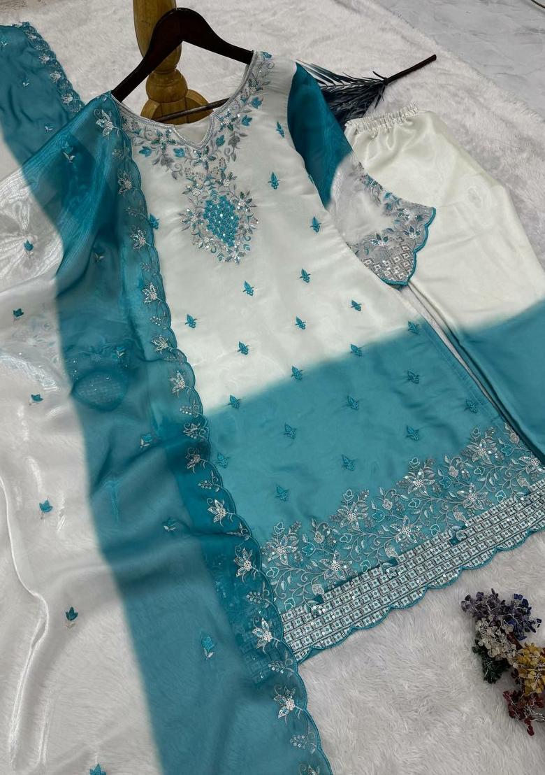 Blue Embroidery Silk Salwar Kameez - Indya