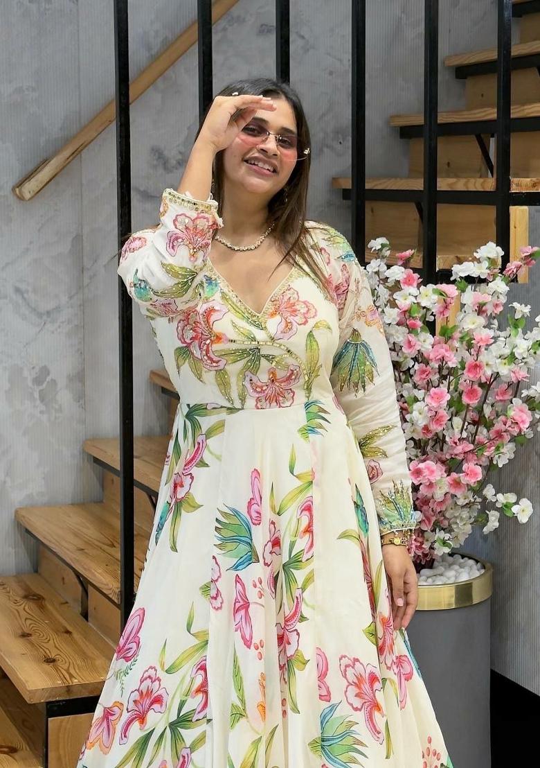 White Embroidery Georgette Salwar Kameez - Indya