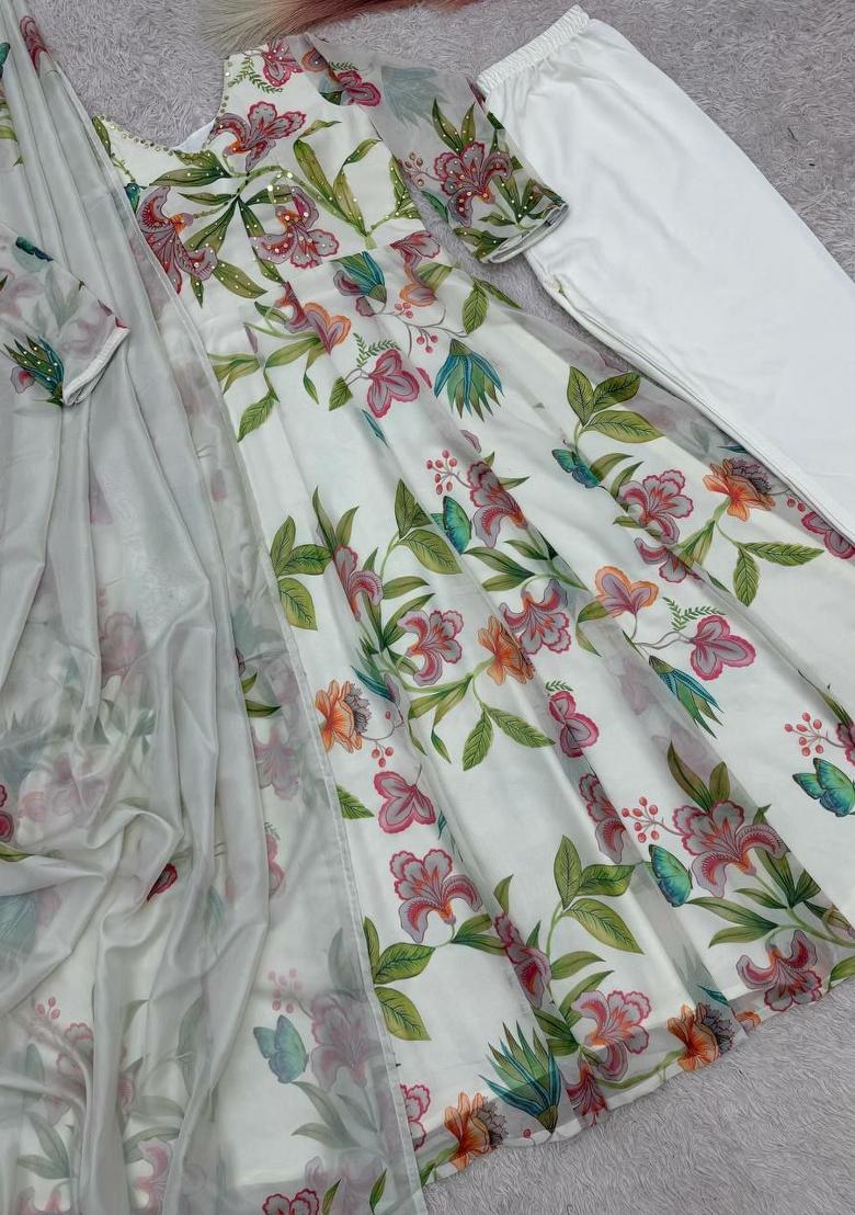 White Embroidery Georgette Salwar Kameez - Indya