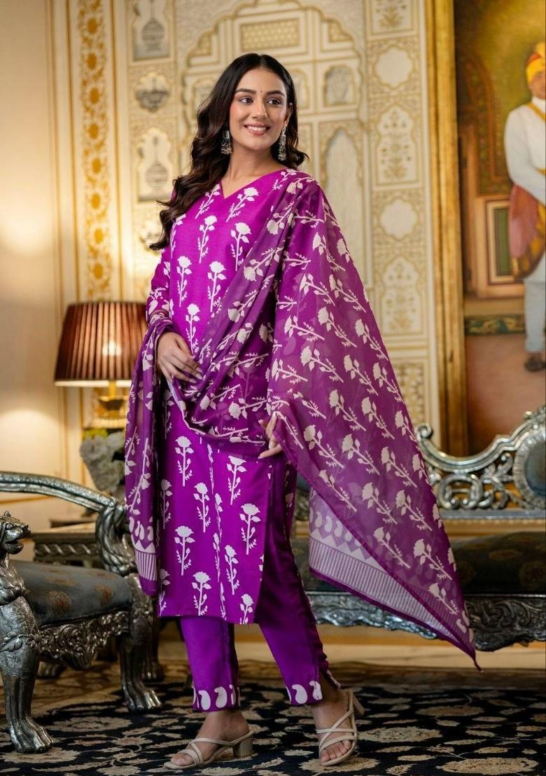 Purple Embroidery Cotton Salwar Kameez - Indya