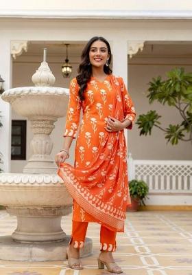 Orange Embroidery Cotton Salwar Kameez
