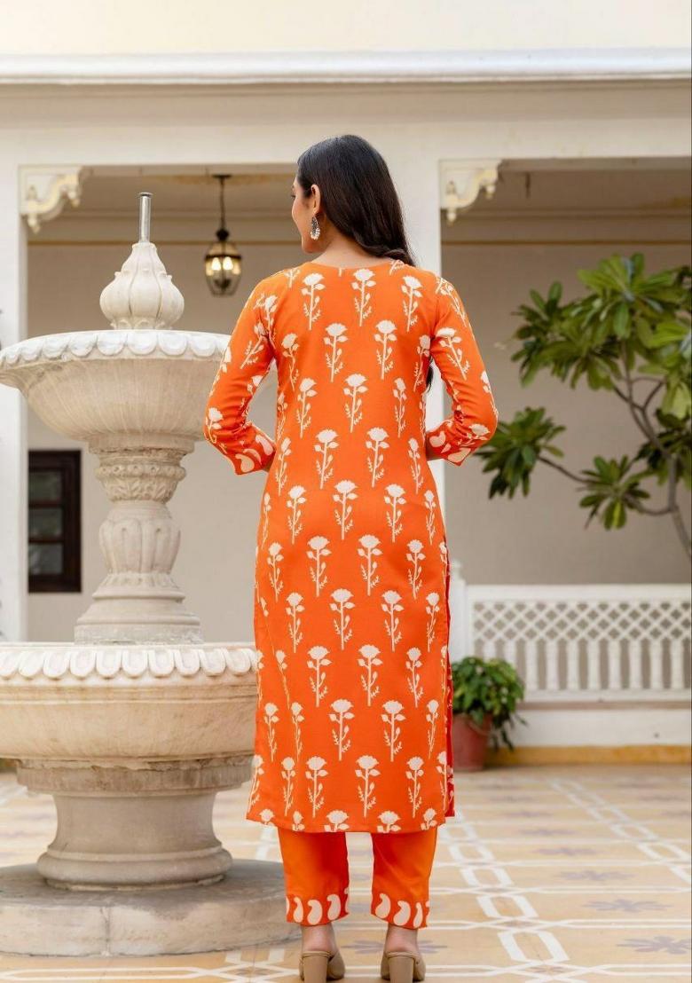 Orange Embroidery Cotton Salwar Kameez - Indya