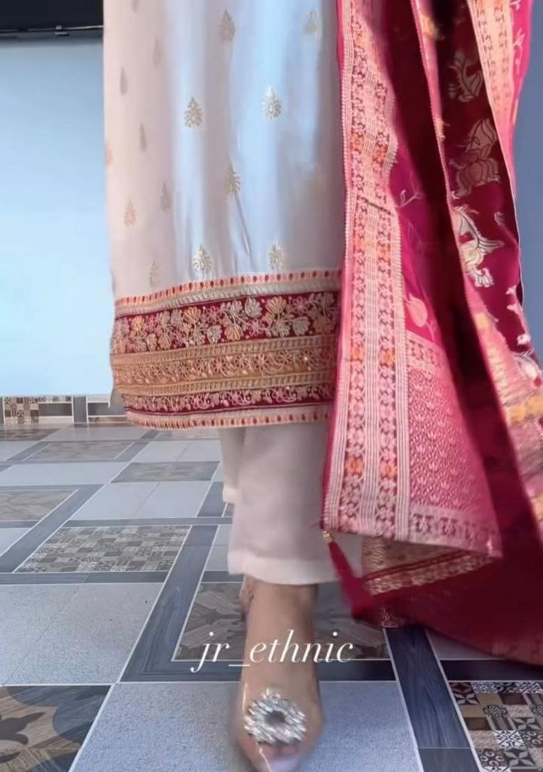 White Embroidery Silk Salwar Kameez - Indya