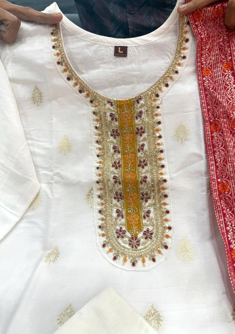 White Embroidery Silk Salwar Kameez - Indya