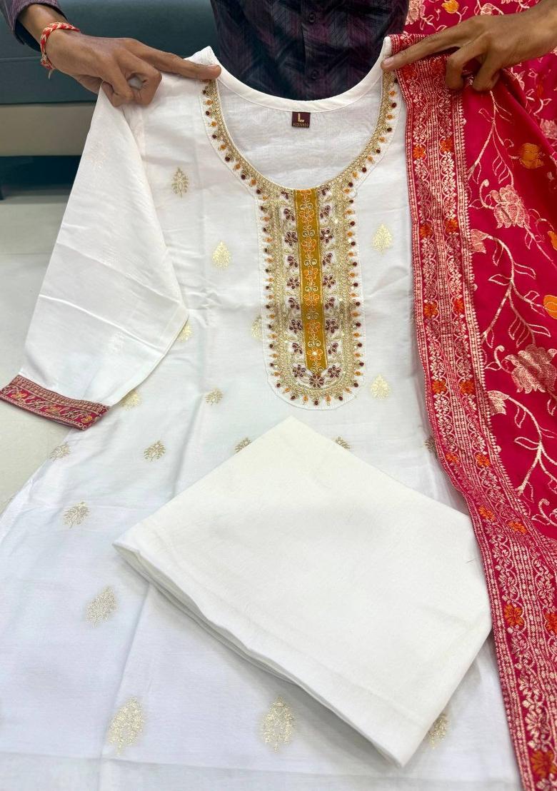 White Embroidery Silk Salwar Kameez - Indya