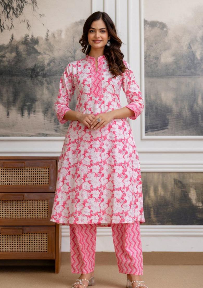 Pink Embroidery Cotton Salwar Kameez - Indya