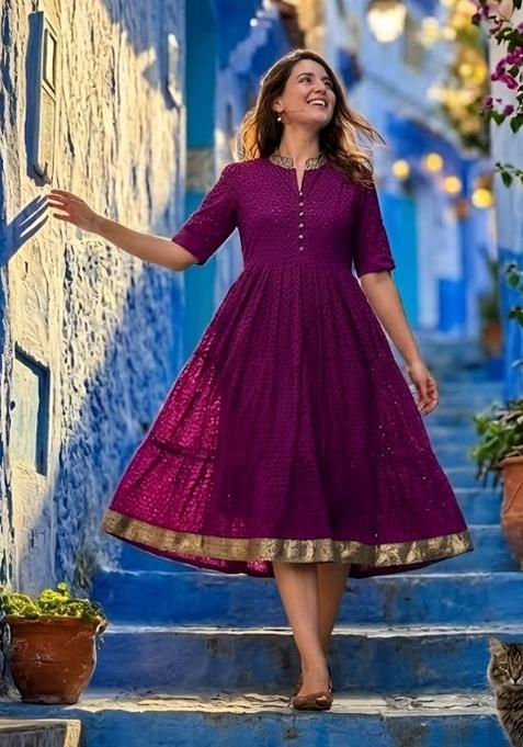 Purple Embroidery Hakoba Kurta
