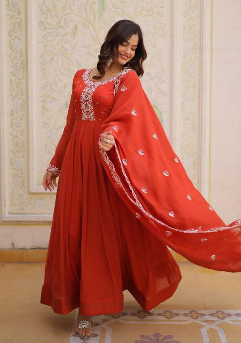 Orange Embroidery Chanderi Salwar Kameez - Indya
