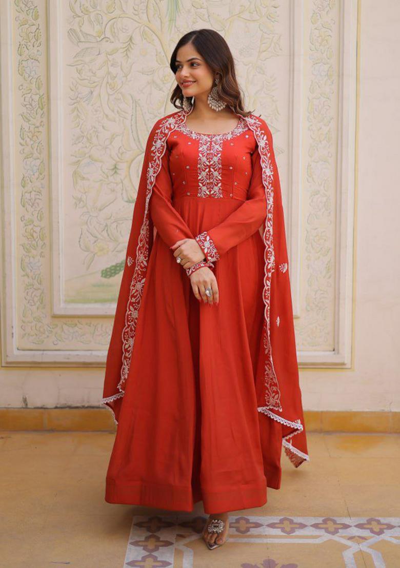 Orange Embroidery Chanderi Salwar Kameez - Indya