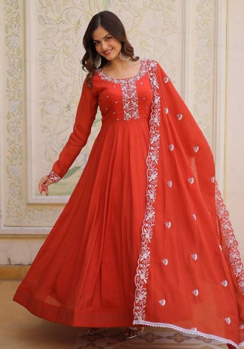 Orange Embroidery Chanderi Salwar Kameez