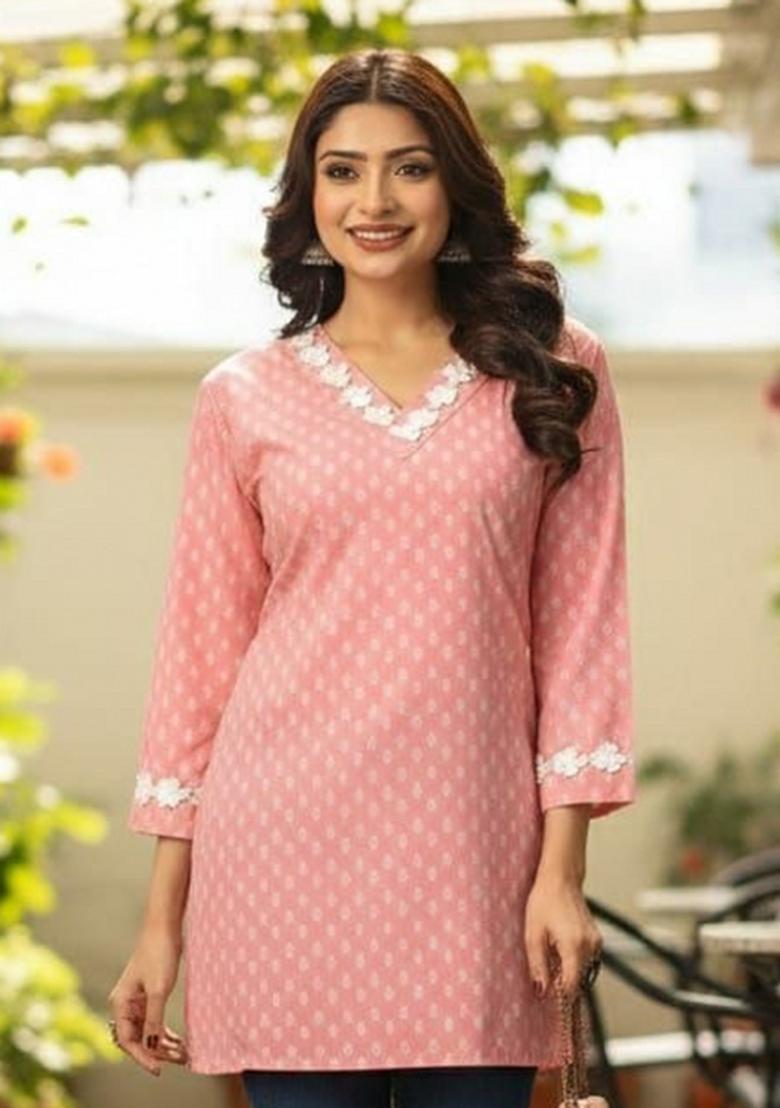 Pink Embroidery Cotton Kurta - Indya