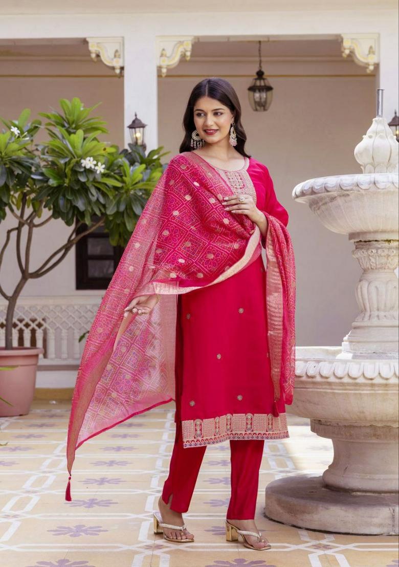 Pink Embroidery Chanderi Salwar Kameez - Indya
