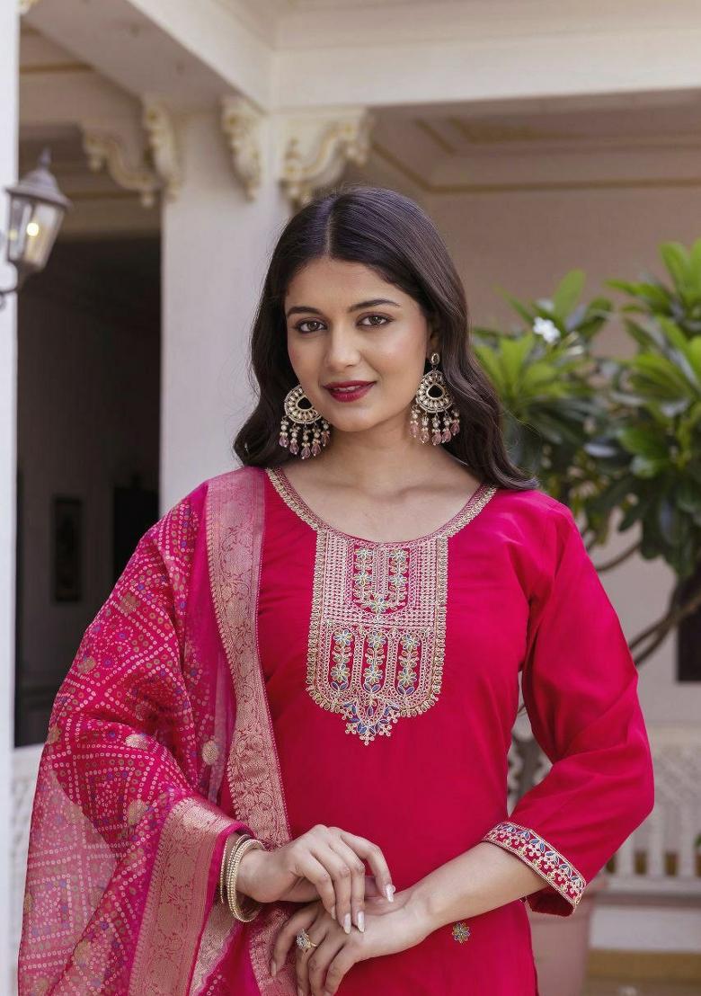 Pink Embroidery Chanderi Salwar Kameez - Indya