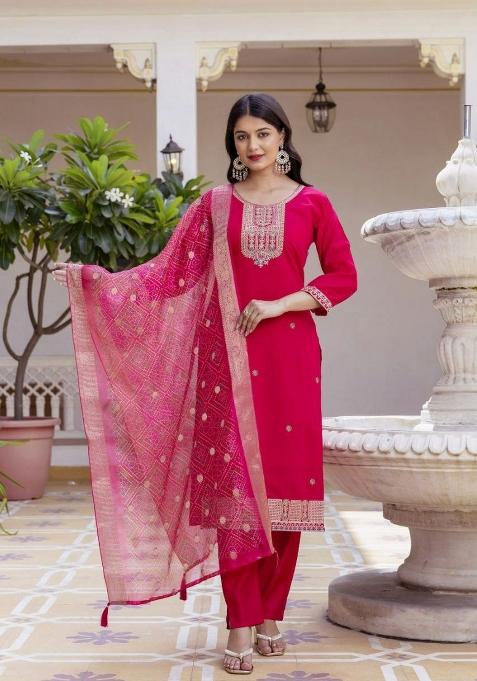 Pink Embroidery Chanderi Salwar Kameez