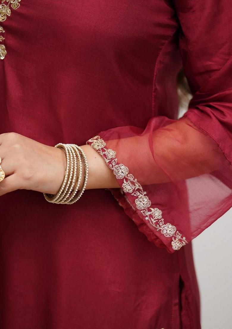 Maroon Embroidery Silk Salwar Kameez - Indya