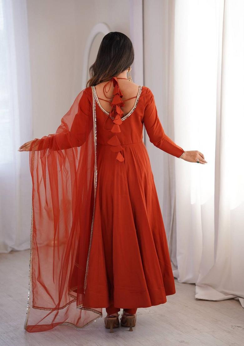 Orange Embroidery Silk Salwar Kameez - Indya