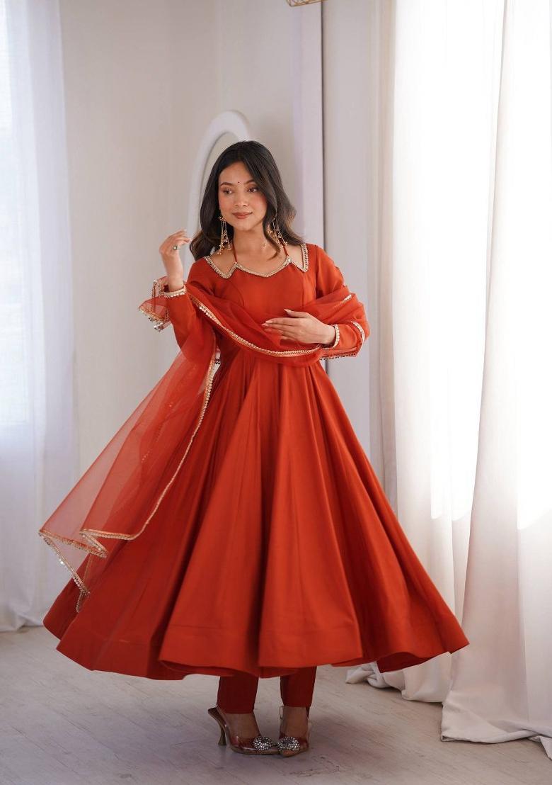 Orange Embroidery Silk Salwar Kameez - Indya