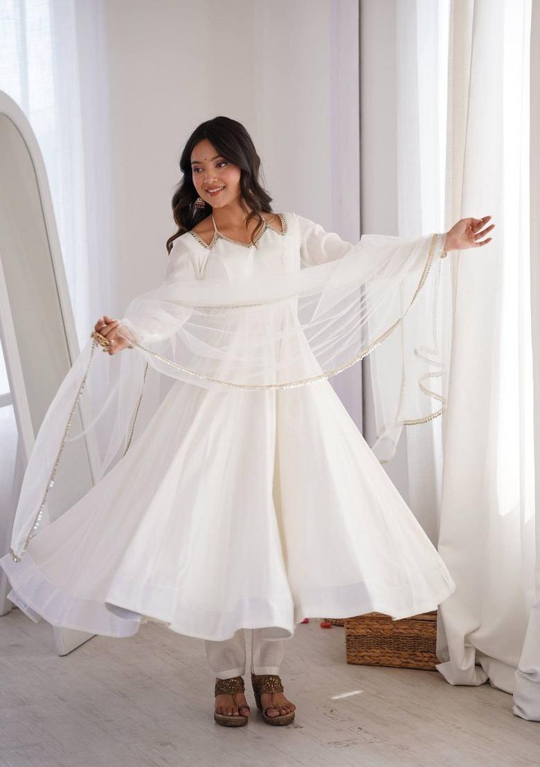 White Embroidery Silk Salwar Kameez - Indya