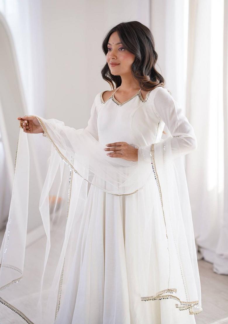 White Embroidery Silk Salwar Kameez - Indya
