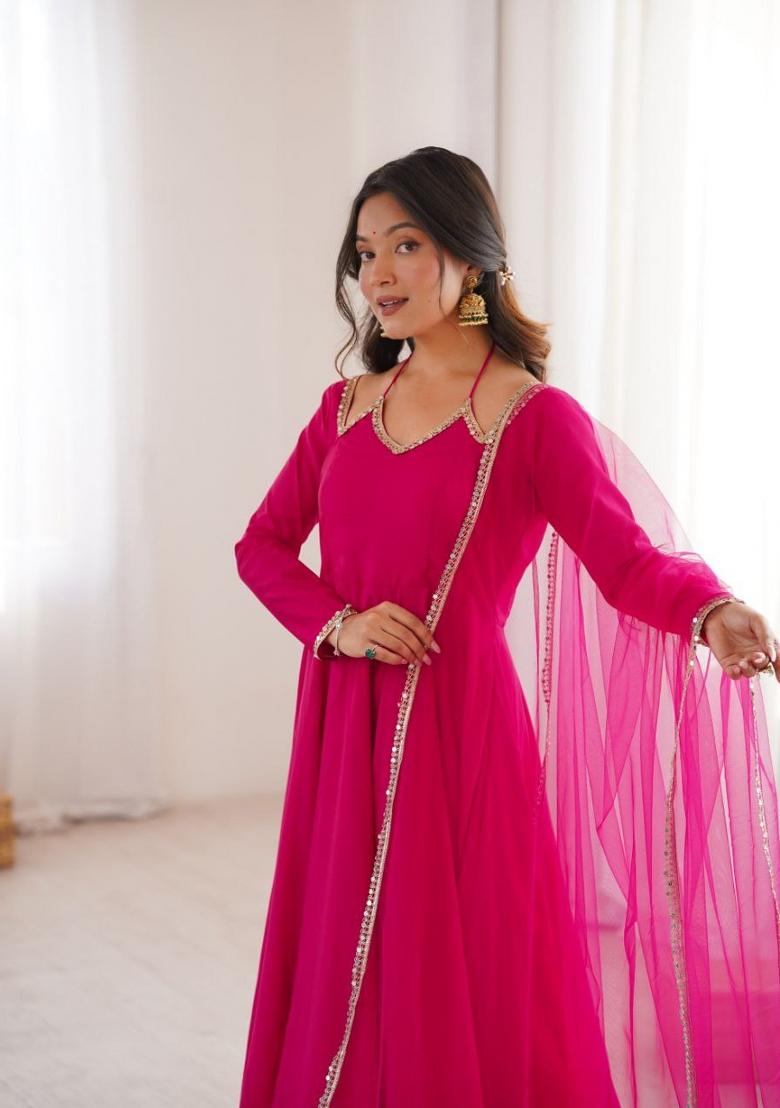 Rani Pink Embroidery Silk Salwar Kameez - Indya